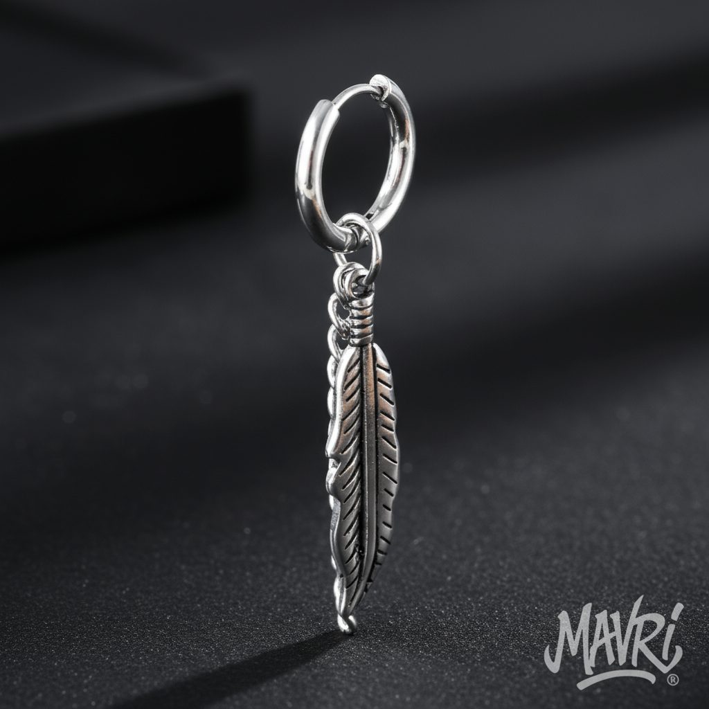 Orecchino a cerchio con pendente piuma – Acciaio 316L (Silver)