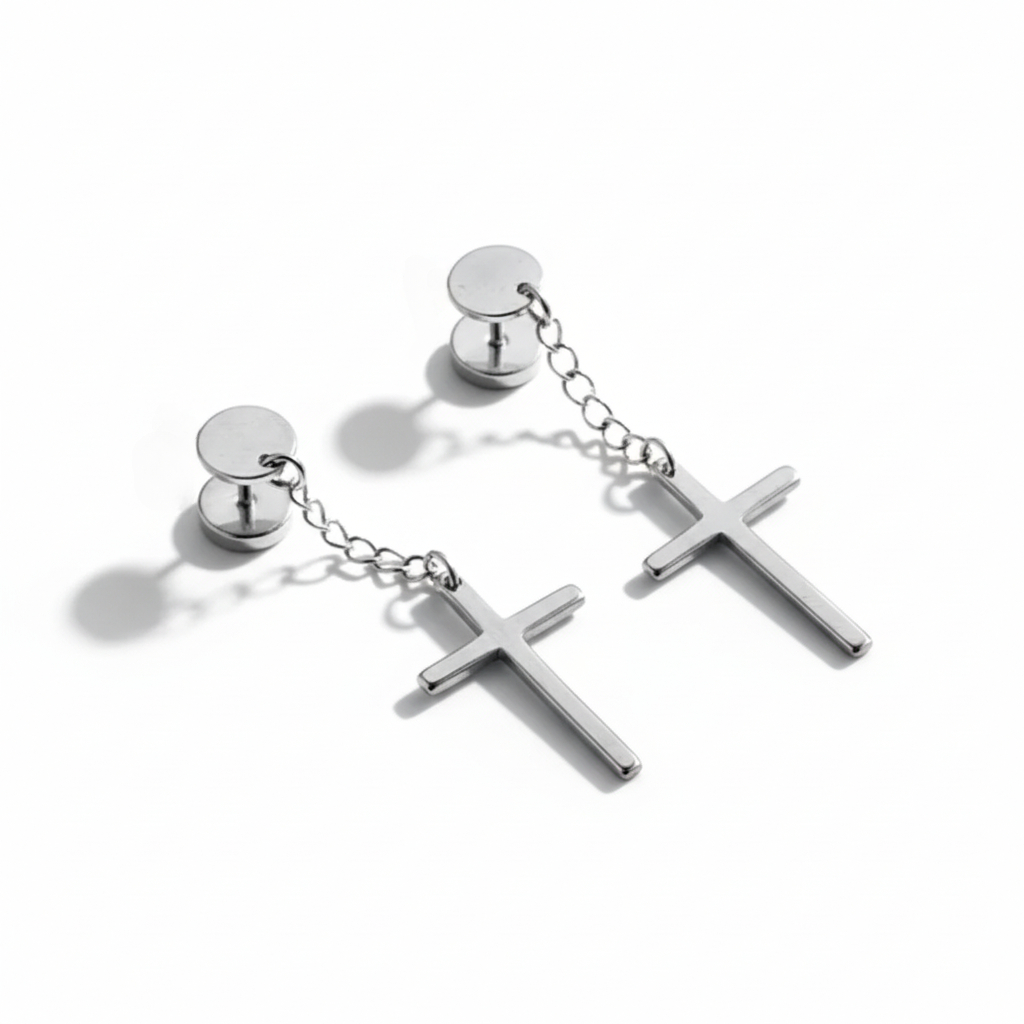 Orecchini a Catena con Croce in Acciaio Inossidabile 316L – Coppia (Silver / Gold)