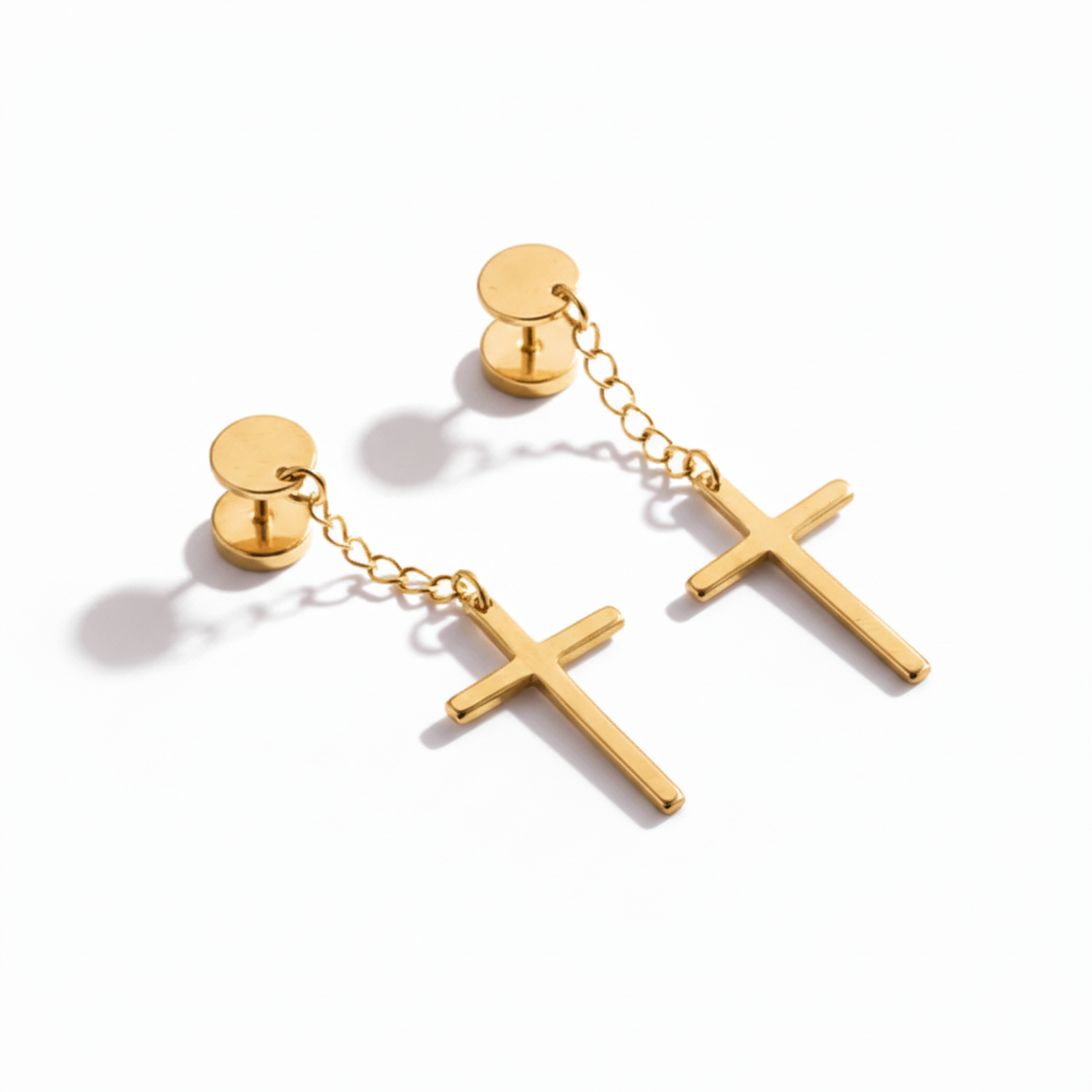 Orecchini a Catena con Croce in Acciaio Inossidabile 316L – Coppia (Silver / Gold)