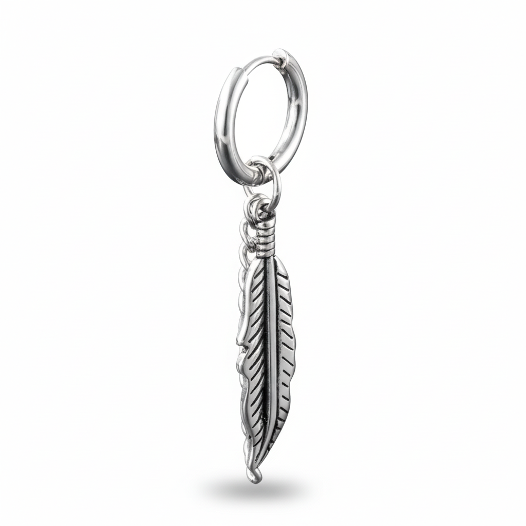 Orecchino a cerchio con pendente piuma – Acciaio 316L (Silver)